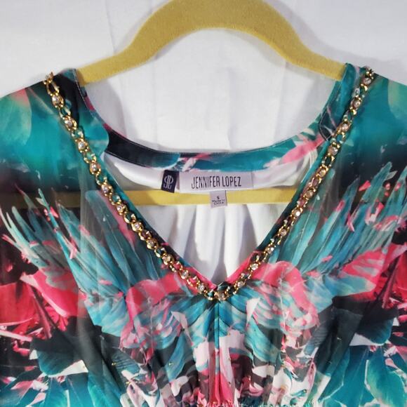 Jennifer Lopez Sheer Batwing Caftan Dress L/XL Slip Lined Tropical Boho Coverup - Picture 3 of 15